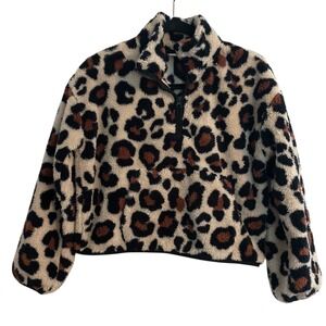Sugar & Jade Leopard Print Quarter Zip Pullover Sherpa Jacket Tween Fall Cropped